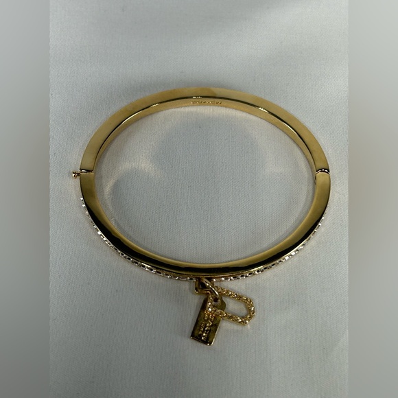 Coach Jewelry Gold Hinged Bangle Bracelet Cubic Zirconia Encrusted Gems 2 Charms - Picture 4 of 10